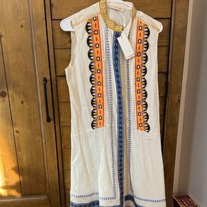 Tory Burch Cream Midi Dress with Orange, Blue & Black Embroidery